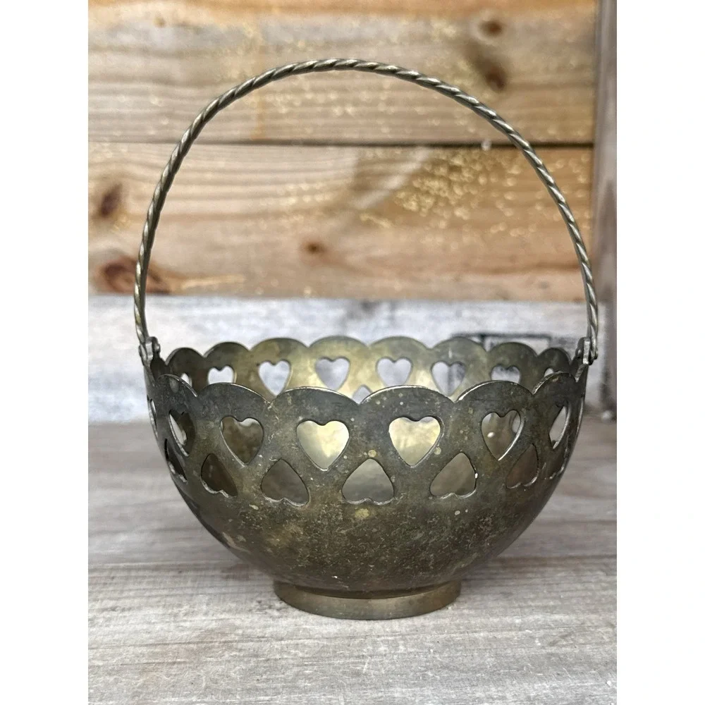 Vintage Brass Bowl with Heart Cutouts 3